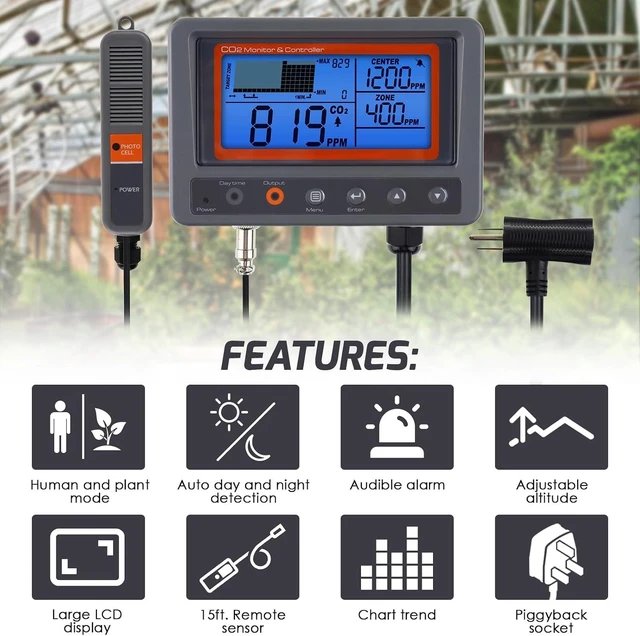 Alt view image 2 of 7 - CO2 Controller 0-5000PPM Carbon Dioxide Monitor with Human/Plant Mode, 15ft NDIR Probe, LCD Trend Display, Audible Alarm & Day/Night Relay for Greenhouse & Grow Rooms