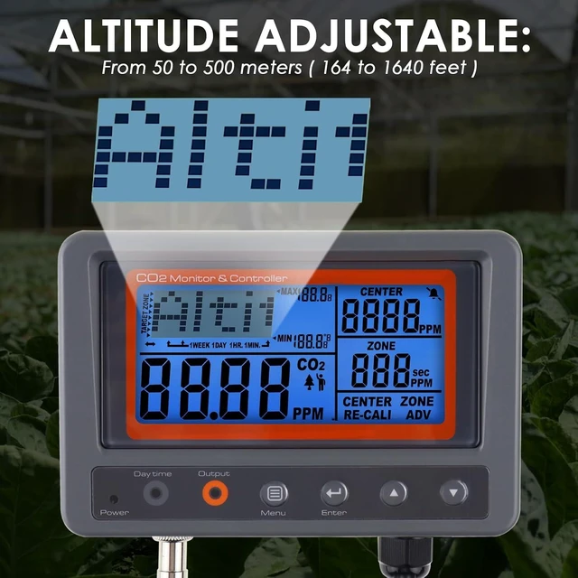 Alt view image 5 of 7 - CO2 Controller 0-5000PPM Carbon Dioxide Monitor with Human/Plant Mode, 15ft NDIR Probe, LCD Trend Display, Audible Alarm & Day/Night Relay for Greenhouse & Grow Rooms