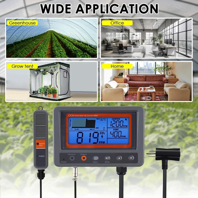 Alt view image 7 of 7 - CO2 Controller 0-5000PPM Carbon Dioxide Monitor with Human/Plant Mode, 15ft NDIR Probe, LCD Trend Display, Audible Alarm & Day/Night Relay for Greenhouse & Grow Rooms