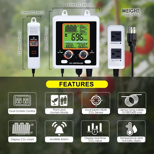 Alt view image 2 of 7 - Dual-Outlet CO2 Controller for Grow Room Two Smart Plugs Auto-Control Regulators & Fans, NDIR Sensor with CO2 Chart, Temp & RH Display