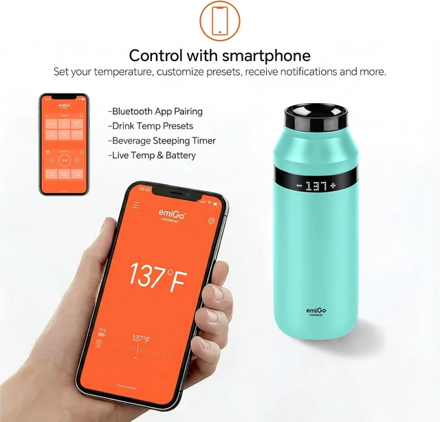 Alt view image 2 of 7 - emiGo TempMaster 16 oz Smart Heated Travel Mug with App & Manual Temp Control