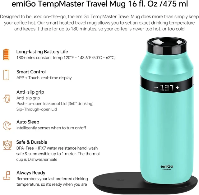 Alt view image 5 of 7 - emiGo TempMaster 16 oz Smart Heated Travel Mug with App & Manual Temp Control