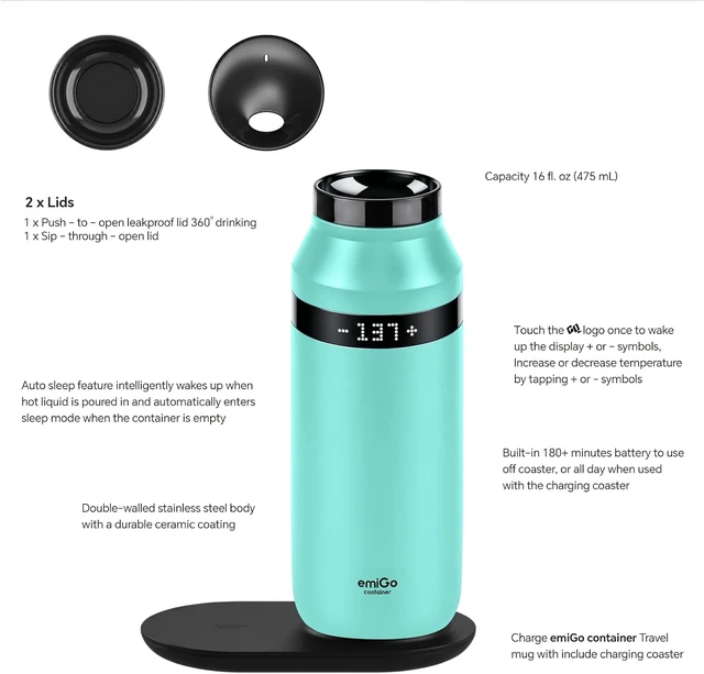 Alt view image 4 of 7 - emiGo TempMaster 16 oz Smart Heated Travel Mug with App & Manual Temp Control