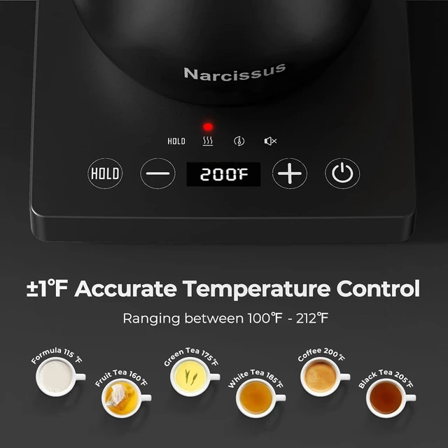 Alt view image 4 of 7 - P901 Gooseneck Electric Kettle with ±1°F Temperature Control 0.9L 1200W Rapid Boil, 6-Hour Keep Warm, 304 Stainless Steel & BPA-Free for Pour-Over Coffee & Tea