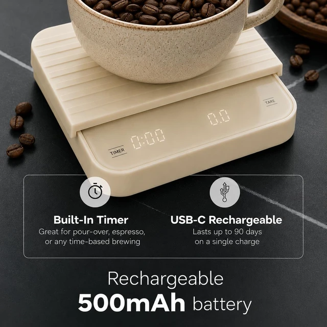 Alt view image 5 of 7 - Coffee Scale with Timer 0.1g Precision USB-C Rechargeable Digital Espresso Scale, LED Display & Tare Function for Pour-Over & Barista Brewing