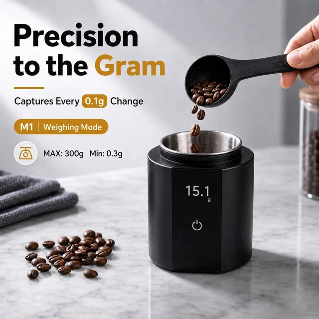 Alt view image 2 of 7 - Espresso Scale with Auto Timer 3in1 SUS304 Dosing Cup, 0.1g/300g Precision, USBC Rechargeable OLED, Portable Shot Scale for Beans & Ground Powder (Black)