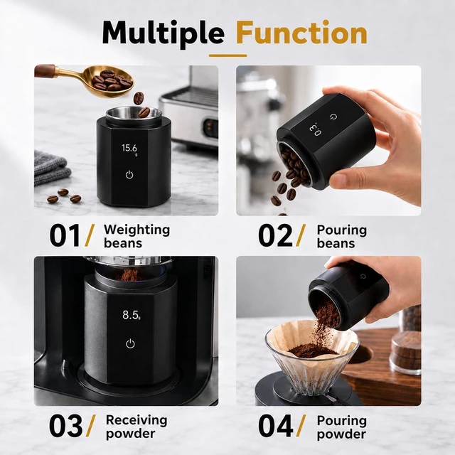 Alt view image 5 of 7 - Espresso Scale with Auto Timer 3in1 SUS304 Dosing Cup, 0.1g/300g Precision, USBC Rechargeable OLED, Portable Shot Scale for Beans & Ground Powder (Black)