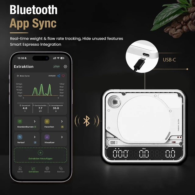 Alt view image 5 of 7 - Themis Ultra Smart Coffee Scale White Espresso Scale with Timer, Flow Rate, Ratio & Auto Mode, APP Bluetooth, Waterproof for Pour-Over & Espresso Brewing
