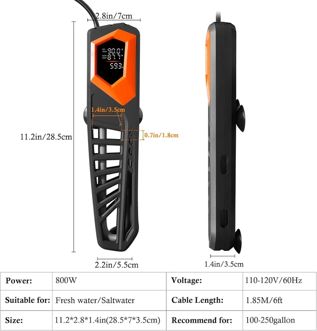Alt view image 2 of 6 - 800W Titanium Aquarium Heater with External Controller Submersible & Shatterproof for Fish Tanks up to 250 Gallons, Saltwater & Freshwater Fish or Turtle