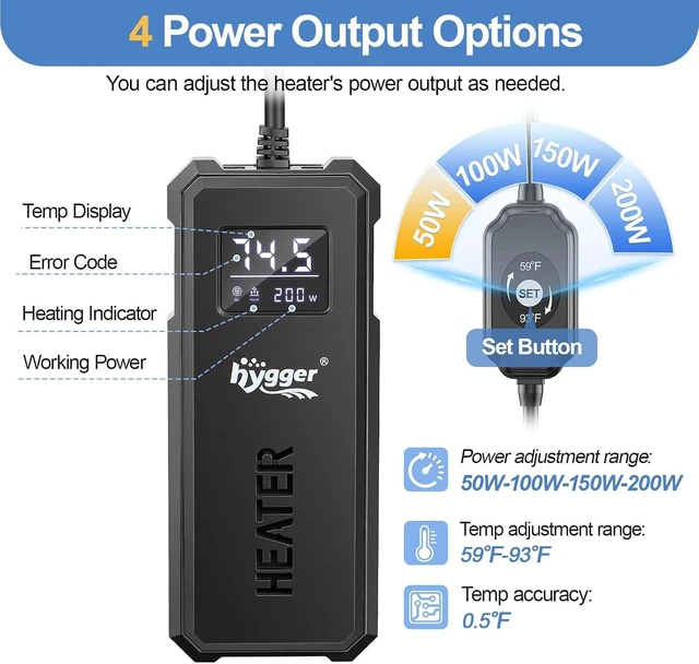 Alt view image 2 of 7 - Adjustable 50W/100W/150W/200W Titanium Aquarium Heater Auto Power-Off & High-Temp Protection for Saltwater & Freshwater Fish/Turtle Tanks
