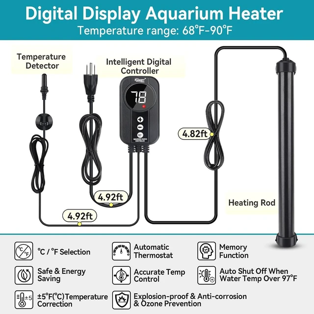 Alt view image 2 of 6 - 300W Titanium Aquarium Heater with Digital LED Controller & Temperature Probe Submersible, Temperature Calibration for 50-60 Gallon Saltwater/Freshwater Tanks