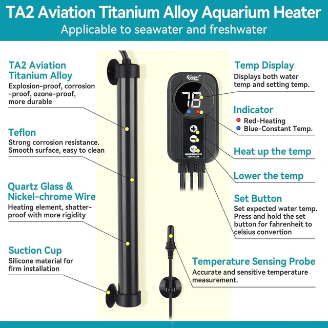 Alt view image 3 of 6 - 300W Titanium Aquarium Heater with Digital LED Controller & Temperature Probe Submersible, Temperature Calibration for 50-60 Gallon Saltwater/Freshwater Tanks