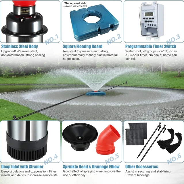 Alt view image 3 of 7 - Pond Fountain Aerator F2 1HP 750W 15000GPH Floating Fountain Pump