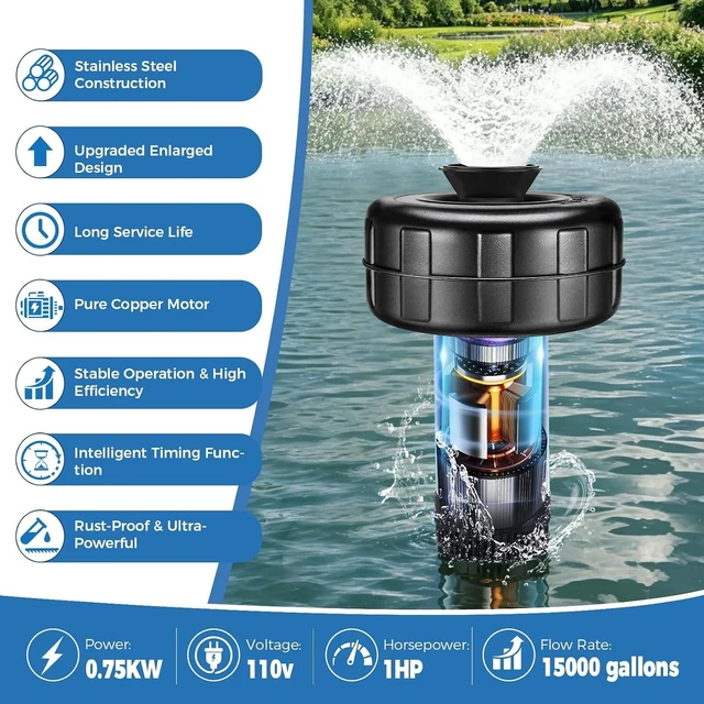 Alt view image 2 of 7 - Stainless Steel Pond Fountain Aerator 1HP 110V 15000 GPH