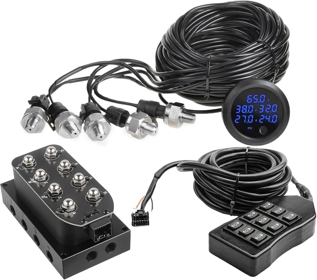 Main image of 12V 8-Valve Air Ride Suspension Solenoid Manifold with 5M 9-Switch Wired Remote Controller & Five Display Air Pressure Gauges (Blue)