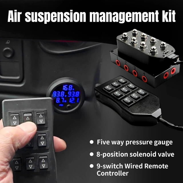 Alt view image 2 of 7 - 12V 8-Valve Air Ride Suspension Solenoid Manifold with 5M 9-Switch Wired Remote Controller & Five Display Air Pressure Gauges (Blue)