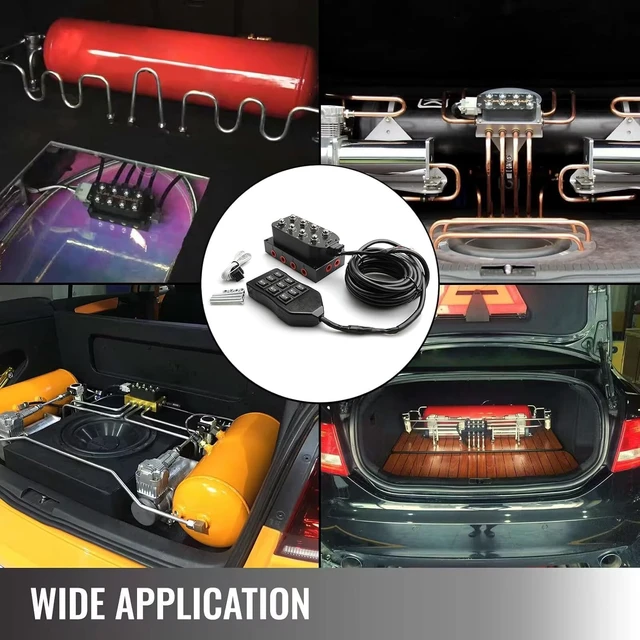 Alt view image 3 of 7 - 12V 8-Valve Air Ride Suspension Solenoid Manifold with 5M 9-Switch Wired Remote Controller & Five Display Air Pressure Gauges (Blue)