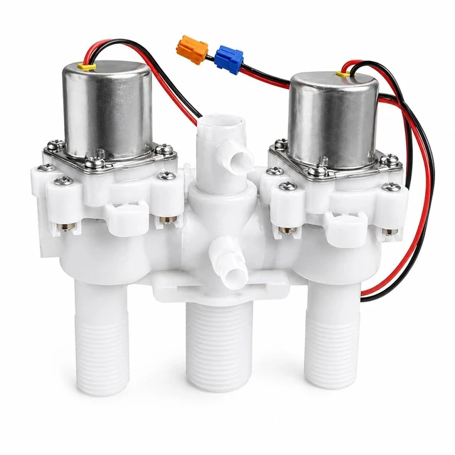 Main image of 12V DC Smart Toilet Bidet Dual Solenoid Water Valve Manifold OE# ZNF-DC12V (ZNF-A), 0.5-8bar, 30ms Pulse Width, 3 Threaded Ports, Relay Control, Verify Pinout