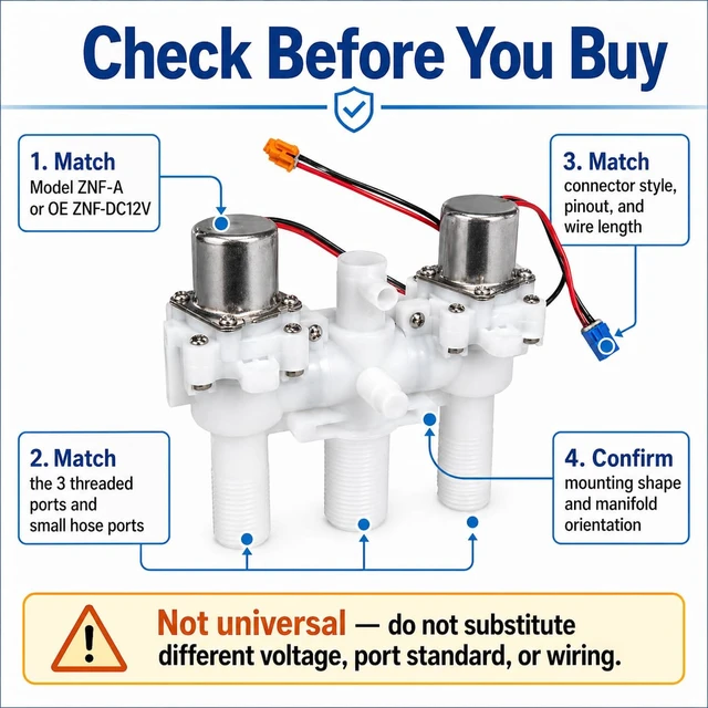 Alt view image 2 of 7 - 12V DC Smart Toilet Bidet Dual Solenoid Water Valve Manifold OE# ZNF-DC12V (ZNF-A), 0.5-8bar, 30ms Pulse Width, 3 Threaded Ports, Relay Control, Verify Pinout