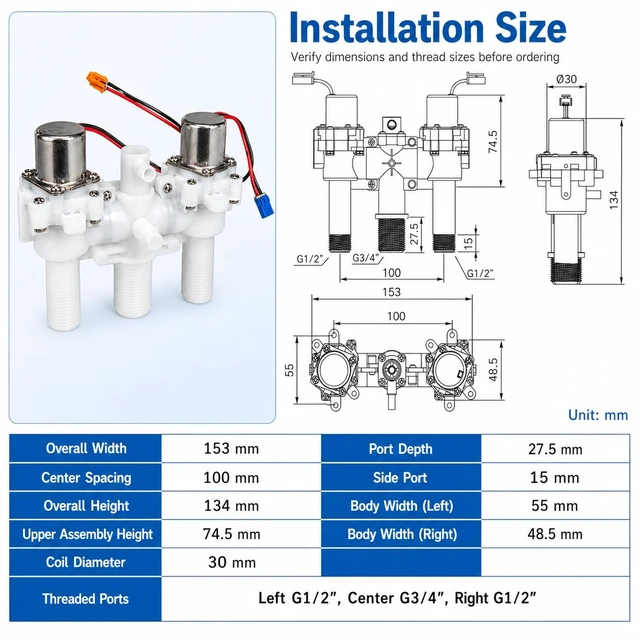 Alt view image 4 of 7 - 12V DC Smart Toilet Bidet Dual Solenoid Water Valve Manifold OE# ZNF-DC12V (ZNF-A), 0.5-8bar, 30ms Pulse Width, 3 Threaded Ports, Relay Control, Verify Pinout