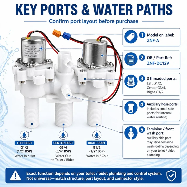 Alt view image 3 of 7 - 12V DC Smart Toilet Bidet Dual Solenoid Water Valve Manifold OE# ZNF-DC12V (ZNF-A), 0.5-8bar, 30ms Pulse Width, 3 Threaded Ports, Relay Control, Verify Pinout