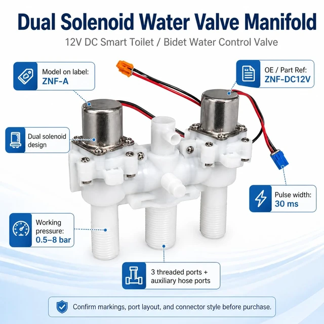 Alt view image 6 of 7 - 12V DC Smart Toilet Bidet Dual Solenoid Water Valve Manifold OE# ZNF-DC12V (ZNF-A), 0.5-8bar, 30ms Pulse Width, 3 Threaded Ports, Relay Control, Verify Pinout