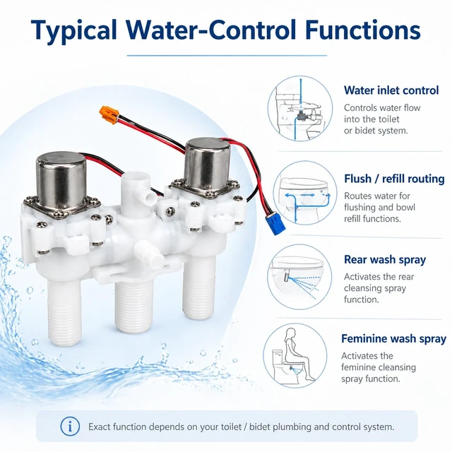 Alt view image 7 of 7 - 12V DC Smart Toilet Bidet Dual Solenoid Water Valve Manifold OE# ZNF-DC12V (ZNF-A), 0.5-8bar, 30ms Pulse Width, 3 Threaded Ports, Relay Control, Verify Pinout