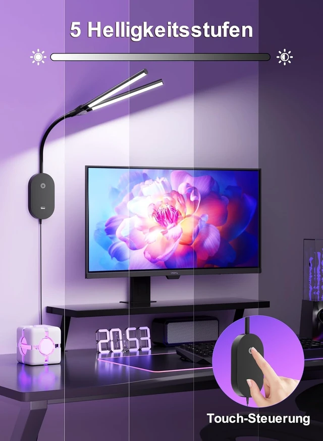 Alt view image 3 of 7 - LED Wall-Mounted Reading Light with 2 Heads & USB Output Bright 5-Level Dimmable Touch Control, 4-Hour Auto Off, 360° Gooseneck Headboard Bed Lamp