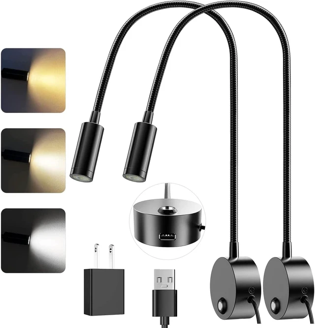 Main image of Wall-Mounted LED Reading Light with 15" Flexible Gooseneck Dimmable, 3 Color Temperatures, USB Charging Port & Touch Control, Plug-In Headboard Night Light (2-Pack)