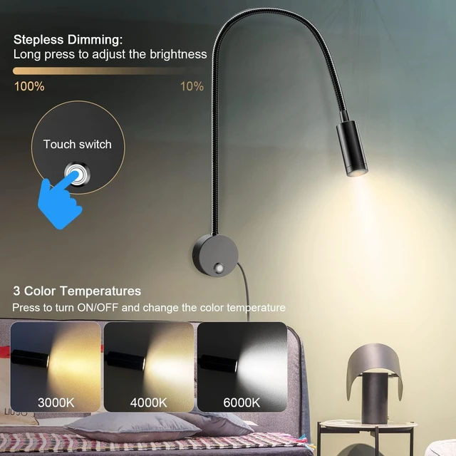 Alt view image 2 of 7 - Wall-Mounted LED Reading Light with 15" Flexible Gooseneck Dimmable, 3 Color Temperatures, USB Charging Port & Touch Control, Plug-In Headboard Night Light (2-Pack)