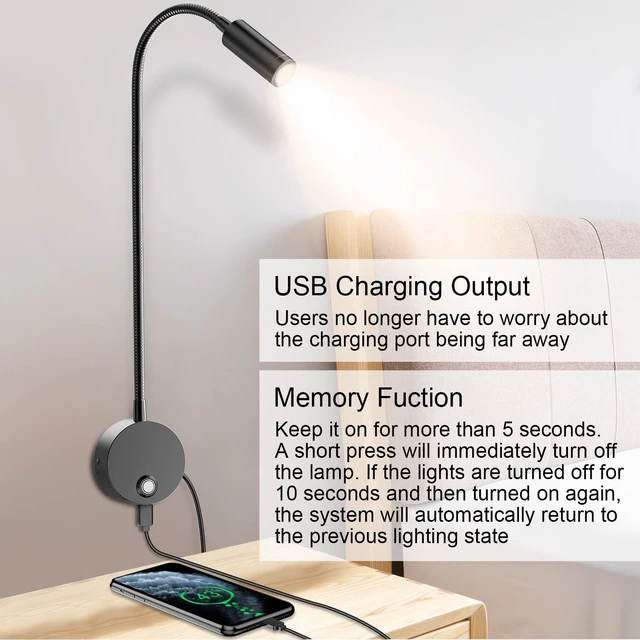 Alt view image 3 of 7 - Wall-Mounted LED Reading Light with 15" Flexible Gooseneck Dimmable, 3 Color Temperatures, USB Charging Port & Touch Control, Plug-In Headboard Night Light (2-Pack)