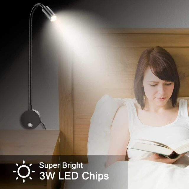 Alt view image 4 of 7 - Wall-Mounted LED Reading Light with 15" Flexible Gooseneck Dimmable, 3 Color Temperatures, USB Charging Port & Touch Control, Plug-In Headboard Night Light (2-Pack)
