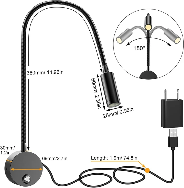 Alt view image 5 of 7 - Wall-Mounted LED Reading Light with 15" Flexible Gooseneck Dimmable, 3 Color Temperatures, USB Charging Port & Touch Control, Plug-In Headboard Night Light (2-Pack)