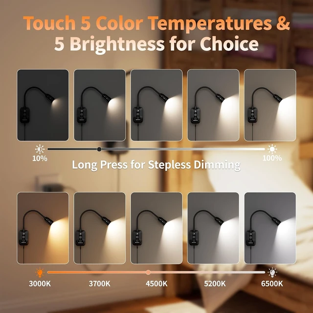 Alt view image 2 of 7 - LED Wall-Mounted Reading Light with Wave Sensor/Touch Switch 5 Color & 5-Level Dimmable, USB-C Charging, Eye-Care Bedside Lamp for Bed & Headboard (Black)