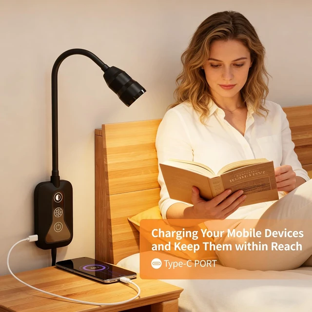 Alt view image 3 of 7 - LED Wall-Mounted Reading Light with Wave Sensor/Touch Switch 5 Color & 5-Level Dimmable, USB-C Charging, Eye-Care Bedside Lamp for Bed & Headboard (Black)