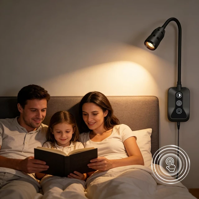 Alt view image 4 of 7 - LED Wall-Mounted Reading Light with Wave Sensor/Touch Switch 5 Color & 5-Level Dimmable, USB-C Charging, Eye-Care Bedside Lamp for Bed & Headboard (Black)