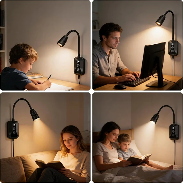 Alt view image 6 of 7 - LED Wall-Mounted Reading Light with Wave Sensor/Touch Switch 5 Color & 5-Level Dimmable, USB-C Charging, Eye-Care Bedside Lamp for Bed & Headboard (Black)