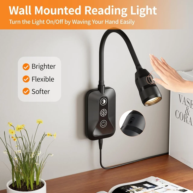 Alt view image 5 of 7 - LED Wall-Mounted Reading Light with Wave Sensor/Touch Switch 5 Color & 5-Level Dimmable, USB-C Charging, Eye-Care Bedside Lamp for Bed & Headboard (Black)