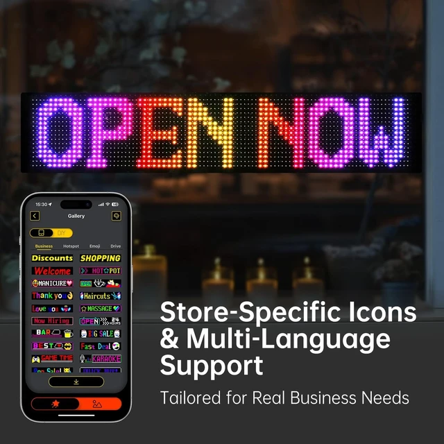 Alt view image 3 of 7 - 15"x4" Programmable LED Sign for Storefronts Bluetooth APP Control, Stick-On, USB Powered, IP65 Waterproof Advertising Display