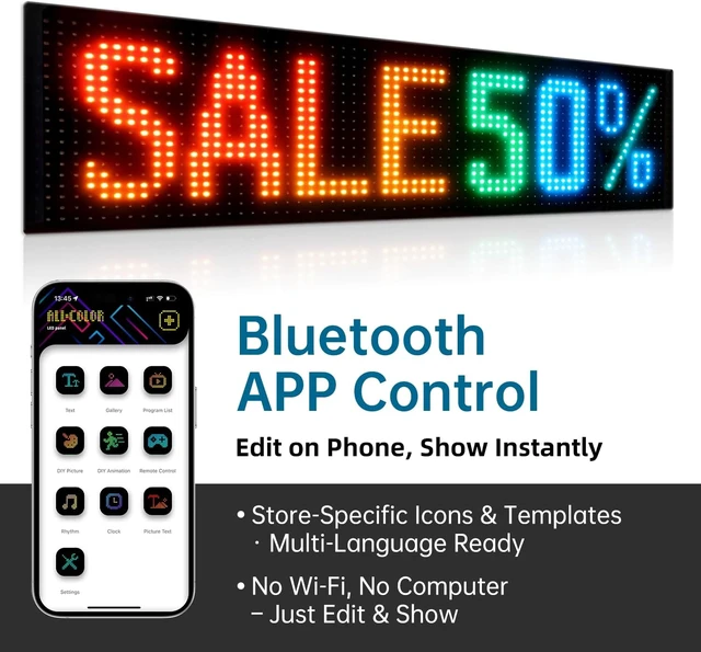 Alt view image 4 of 7 - 15"x4" Programmable LED Sign for Storefronts Bluetooth APP Control, Stick-On, USB Powered, IP65 Waterproof Advertising Display