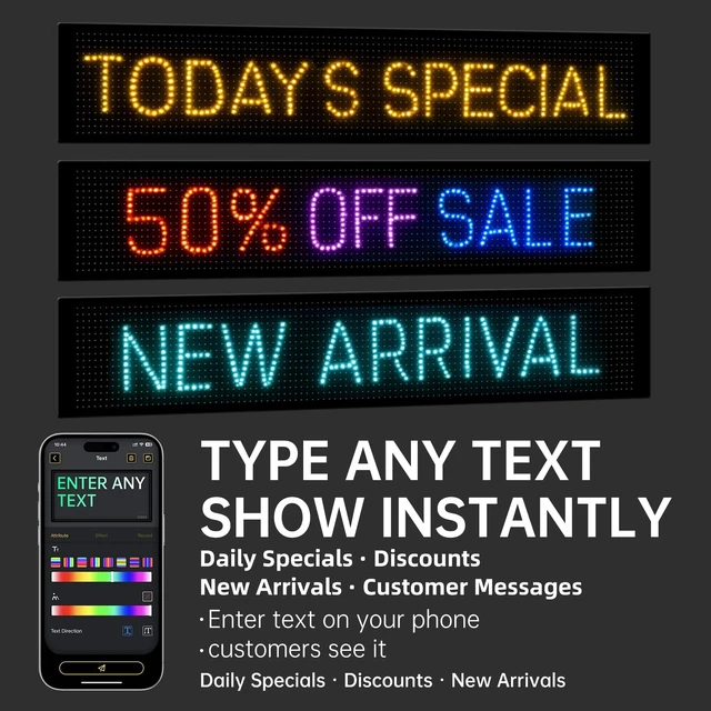 Alt view image 5 of 7 - 15"x4" Programmable LED Sign for Storefronts Bluetooth APP Control, Stick-On, USB Powered, IP65 Waterproof Advertising Display