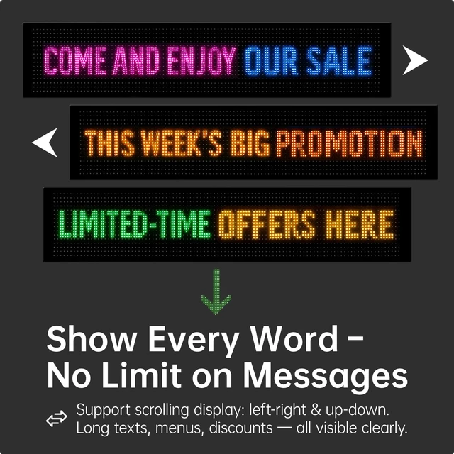 Alt view image 6 of 7 - 15"x4" Programmable LED Sign for Storefronts Bluetooth APP Control, Stick-On, USB Powered, IP65 Waterproof Advertising Display
