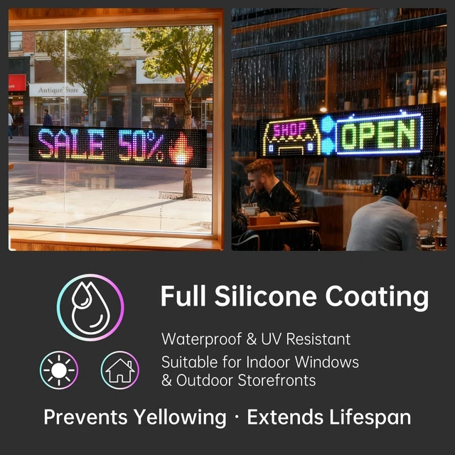 Alt view image 7 of 7 - 15"x4" Programmable LED Sign for Storefronts Bluetooth APP Control, Stick-On, USB Powered, IP65 Waterproof Advertising Display