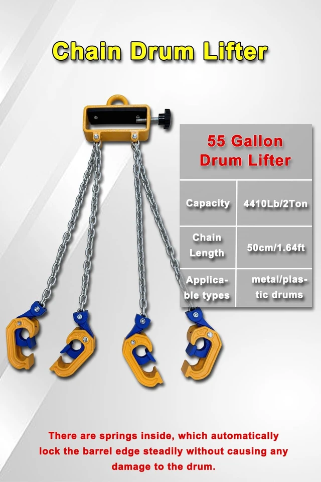 Alt view image 2 of 7 - 2-Ton Barrel Lifting Chain for Plastic & Steel Drums 4410LBS, 20in, 4 Hooks, Drum Lifter Clamp for 55-Gallon Drums, Fits Crane & Forklift 2T- 4Hooks