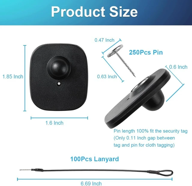 Alt view image 4 of 7 - 250Pcs 8.2MHz RF Security Clothing Tags Black Retail EAS Tags with 250 Pins & 100 Lanyards