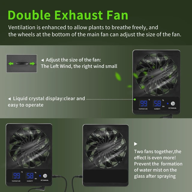 Alt view image 2 of 7 - Reptile Ventilation Fan with Hygrometer & Temperature Display Auto-Adjusting Humidity/Temp for Aquariums & Insect Tanks, 2-Pack