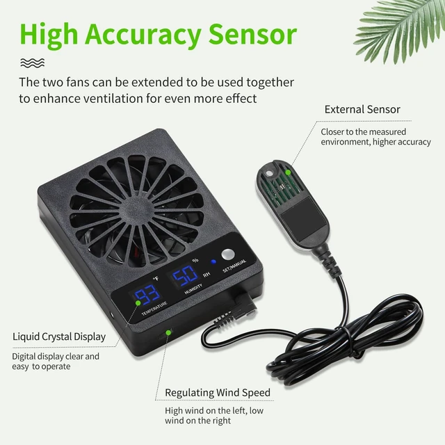 Alt view image 6 of 7 - Reptile Ventilation Fan with Hygrometer & Temperature Display Auto-Adjusting Humidity/Temp for Aquariums & Insect Tanks, 2-Pack
