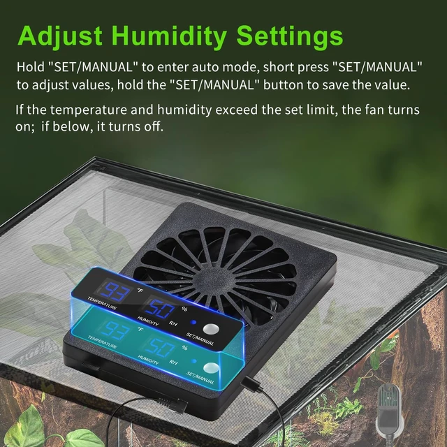Alt view image 3 of 7 - Reptile Ventilation Fan with Hygrometer & Temperature Display Auto-Adjusting Humidity/Temp for Aquariums & Insect Tanks, 2-Pack