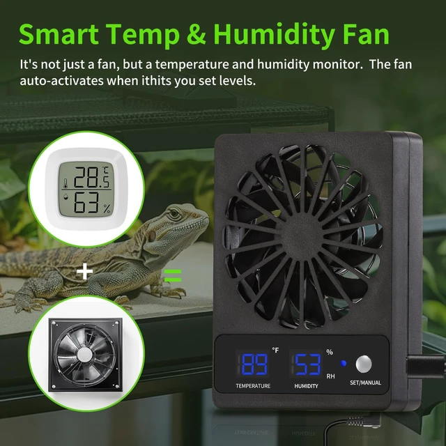Alt view image 5 of 7 - Reptile Ventilation Fan with Hygrometer & Temperature Display Auto-Adjusting Humidity/Temp for Aquariums & Insect Tanks, 2-Pack