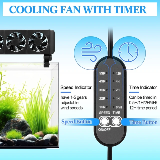 Alt view image 4 of 7 - 3-Head Adjustable Aquarium Cooling Fan (2 Pcs) with Timer & 5 Wind Speeds, Quiet Fish Tank Chiller Fan for Freshwater & Saltwater Tanks